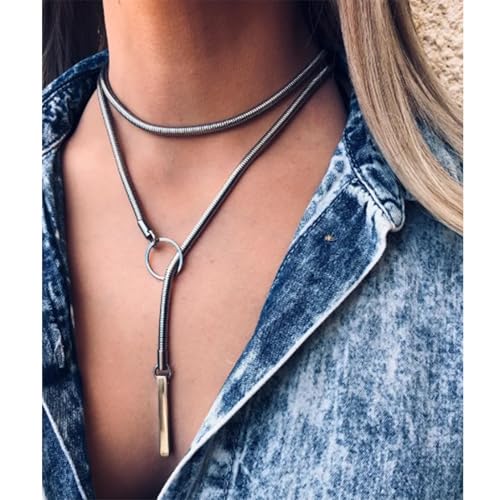 Slip Chain Necklaces for Women Stainless Steel Bar Pendant Choker Necklace Boho Handmade Long Lariat Necklace Silver Statement Punk Rock Collar Jewelry2
