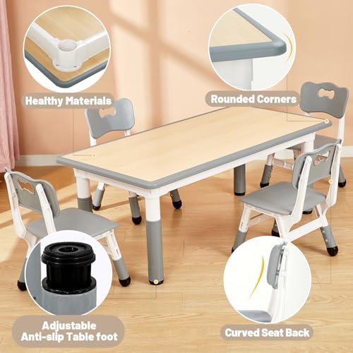Image of FUNLIO Kids Table and 4 Chairs Set for Ages 3-8, Height Adjustable Toddler Table and Chair Set, Easy to Wipe Arts & Crafts Table, for Classrooms /Daycares /Homes, CPC & CE Approved (5-Piece Set) - Gray