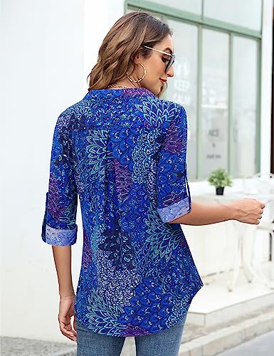 Image of Bulotus 3 /4 Length Sleeve Womens Striped Tops Zipper V Neck Collared Blouses Business Casual Tunics 2026 Spring Trendy