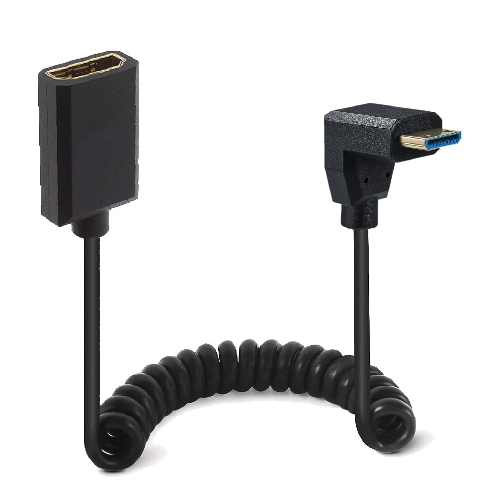 Kework 4ft Mini HDMI to HDMI Extension 8K@60Hz Coiled Cable, Down Angle Mini HDMI 2.1 Male to HDMI 2.1 Female Extender Adapter Shield Spiral Spring