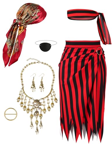 Angelaicos Womens Pirate Costume With Accessories Set Pirate Head Scarf for Women Halloween Cosplay Outfits (Red)