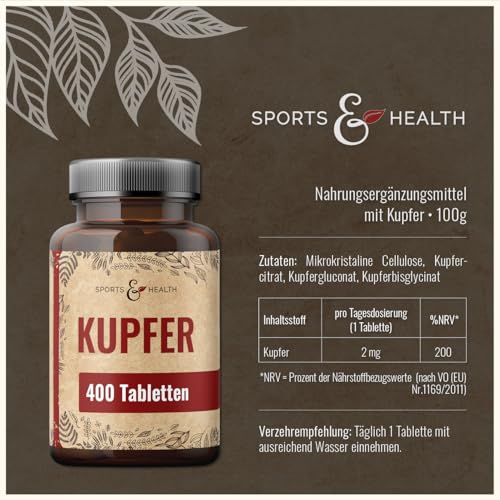 Kupfer Tabletten von Cdf Sports & Health Solutions – 400 Tabletten mit 2mg Kupfer
