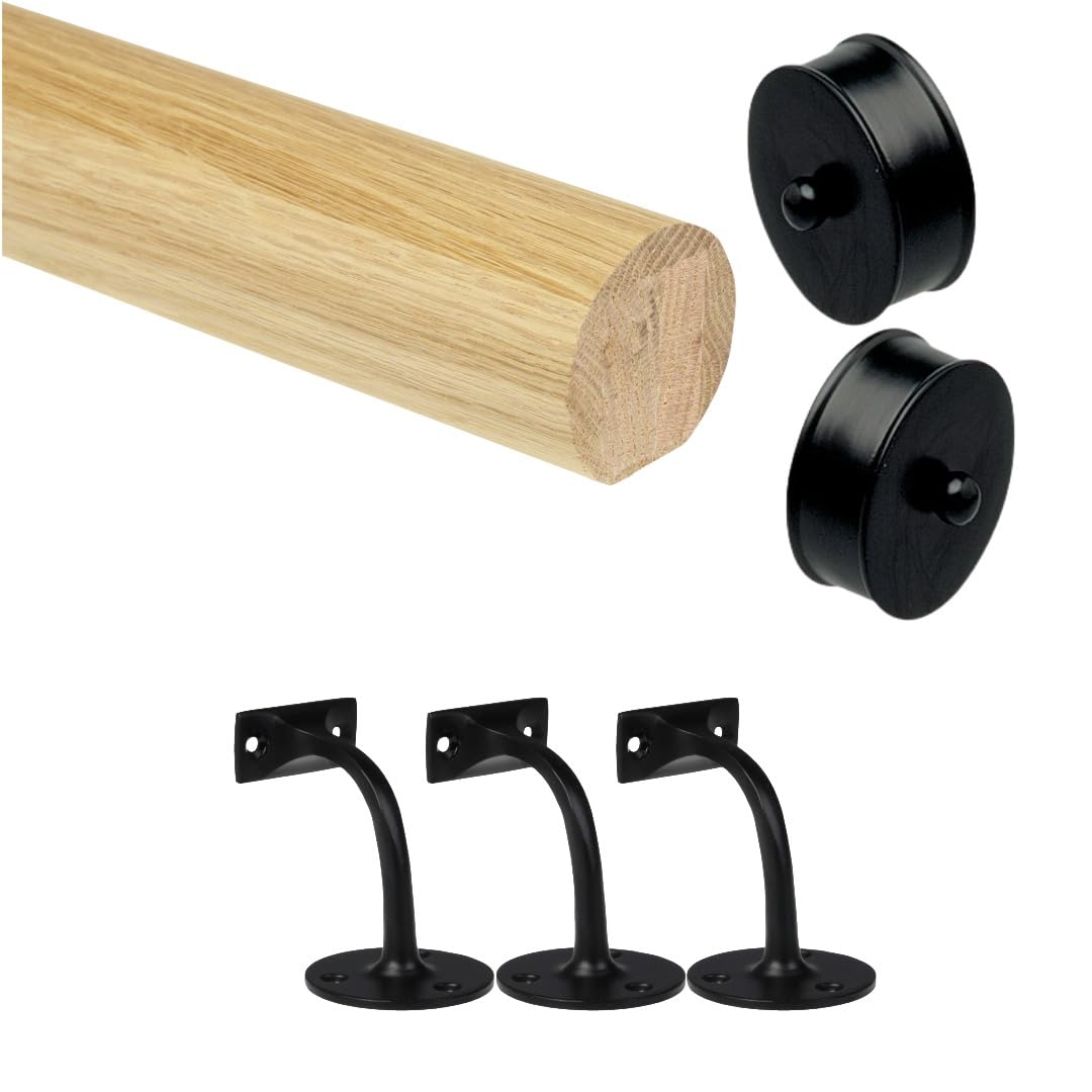 Oak Round Handrail Kit with Black Brackets & Medium End Caps – 54mm Mopstick Stair Handrail – Wall Mounted Wooden Rail – 1800mm–4200mm – Jackson Woodturners (1800mm + 3 Wall Brackets, Medium)
