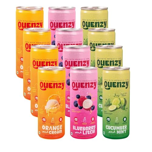 Image of Quenzy Prebiotic Soda Variety Pack - Mixed Flavours (Pack of 12 x 250ml) | 5g Prebiotic Fibre for Gut Health | Low Calorie Soda (<15 kcal) | No Added Sugar | Zero Preservatives | Healthy Sparkling Drink