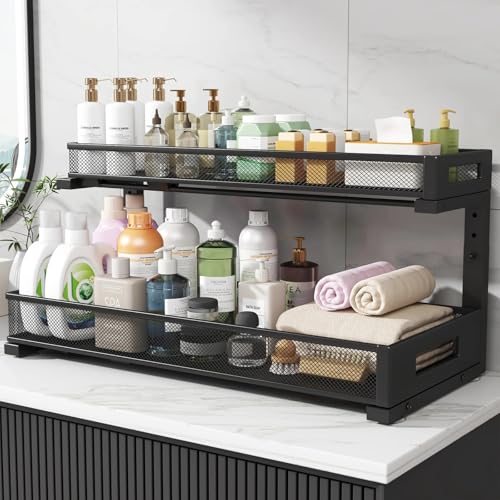 Image of 2 Pack 20.47IN Depth Under Sink Storage Organizer, Large 2-Tier Elegant Mesh Pull Out Shelf for Kitchen and Bathroom Cabinet Organization, L-Shaped and Adjustable Height Design-Black