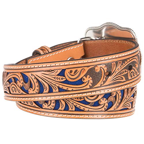 M&F Western Products Boys Brown Belt With Blue Inlay Scroll2