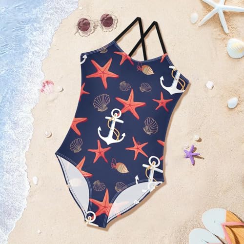 Anchor Shellfish Starfish Girls One Piece Swimsuits Summer Quick Dry Beach Bathing Suit3