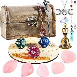 Soulnioi 15pcs Rose Quartz Crystal Set: Rose Quartz Polished Stones, Magic Divination Bell and Dice, Energy Wood Plate, Amethyst Spoon, with Delicate Wood Box, for Beginners/Meditation/Attract Love