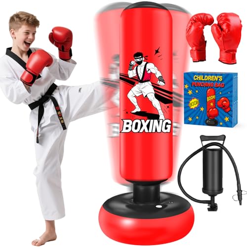 Boxsack für Kinder, 168cm Boxsack Stehender, Aufblasbarer Standboxsack mit Boxhandschuhe und Luftpumpe, Boxing Bag, Geschenk für Jungen & Mädchen von 6–15 Jahren Üben von Karate, Kickboxen,Taekwondo