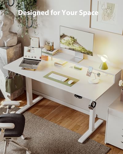 Image of Agilestic 55 x 24 Inch Electric Standing Desk with Shelf, Height Adjustable Desk with Power Outlets & LED, Sit Stand Up Table with Monitor Stand, Computer Workstation, White