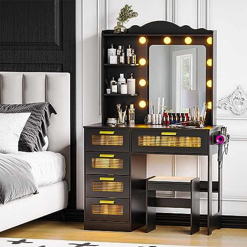 JDPAG LED Makeup Vanity Table with Charging Station,Dressing Table with AC Outlets & USB & Type-C Ports,4 Drawers,Hair Dryer Rack,Make Up Vanity Desk with 3 Color Light Bulbs Mirror via Touch Screen