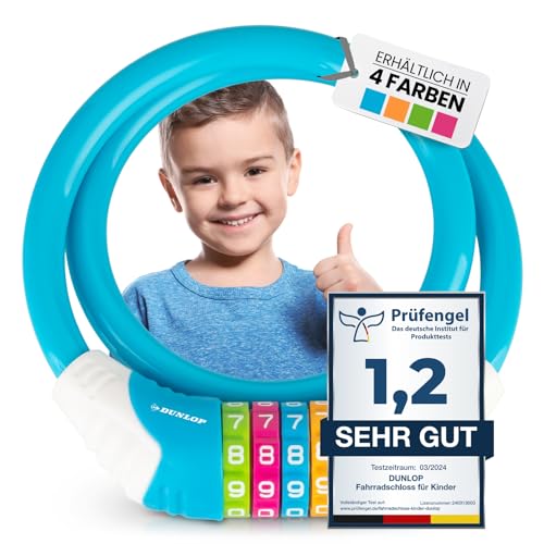 DUNLOP Candado para bicicleta para niños, nivel de seguridad 5, con combinación de 4 colores para una mejor comprensión de la combinación, candado para bicicleta para niños (azul claro)