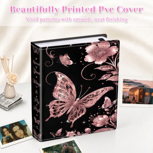 Image of Photo Album 4x6 120 Pockets Rose Gold Butterfly Floral