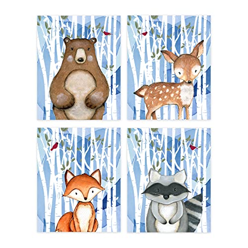 Image of Woodland Animals - Forest Animals Nursery Wall Art - Boy Nursery Wall Decor - Baby Boy Room Decor - Boys Room Decoration for Bedroom Playroom - Set of 4 - UNFRAMED (Forest Animals - Blue Birch 1)