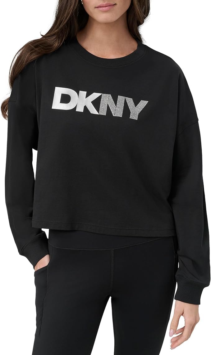 DKNY Women's Foil Rhinestone Logo Long Sleeve Crewneck T-Shirt