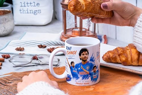 Image of Cricket Theme Coffee Mug IPL Edition - Stylish Helicopter Shot Print Cup - Gift for Cricket Fans, Boys & Friends (ravi bisnoi)