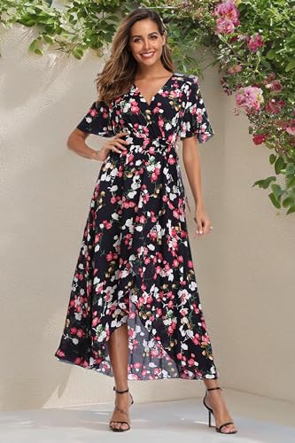 Image of VintageClothing Women's Wrap V Neck Floral Summer Dresses High Low Maxi Casual