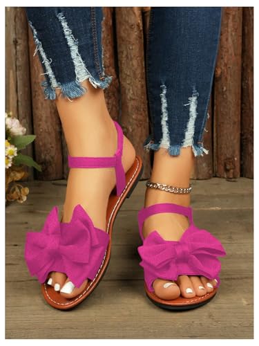 Image of GORGLITTER Women's Bow Flat Sandals 2026 Dressy Cute Ankle Strap Slides | Summer Shoes for Women 2026, Slip On Open Toe Flats, Slingback Slides, Vacation Dress Sandals
