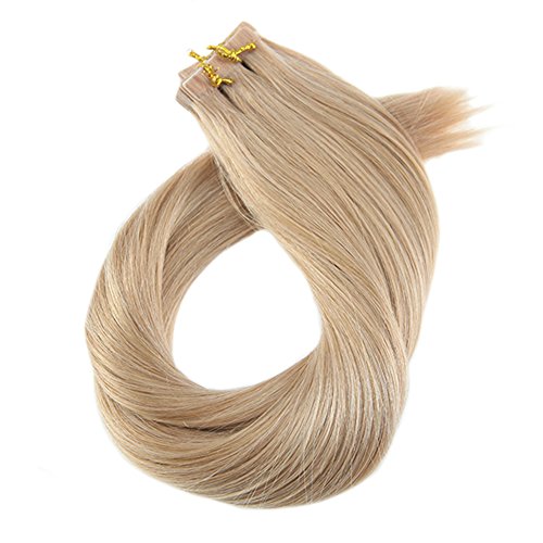 Moresoo 16 Inch Tape on Hair Extensions Full Head Seamless Skin Weft 40 Pieces 100 Gram Per Pack #27 Caramel Blonde Straight Remi Human Hair Thick to End Remi Hair Tape Extensions