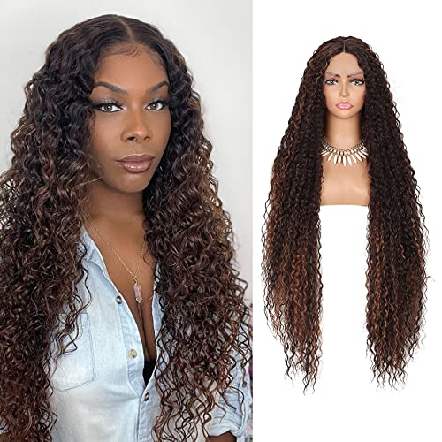 Olymei 38 " Synthetic Lace Front Wigs for Women Deep 6 Inch Middle Lace Part Highlight Dark Brown Curly Wave Wig Synthetic Lace Frontal Wig