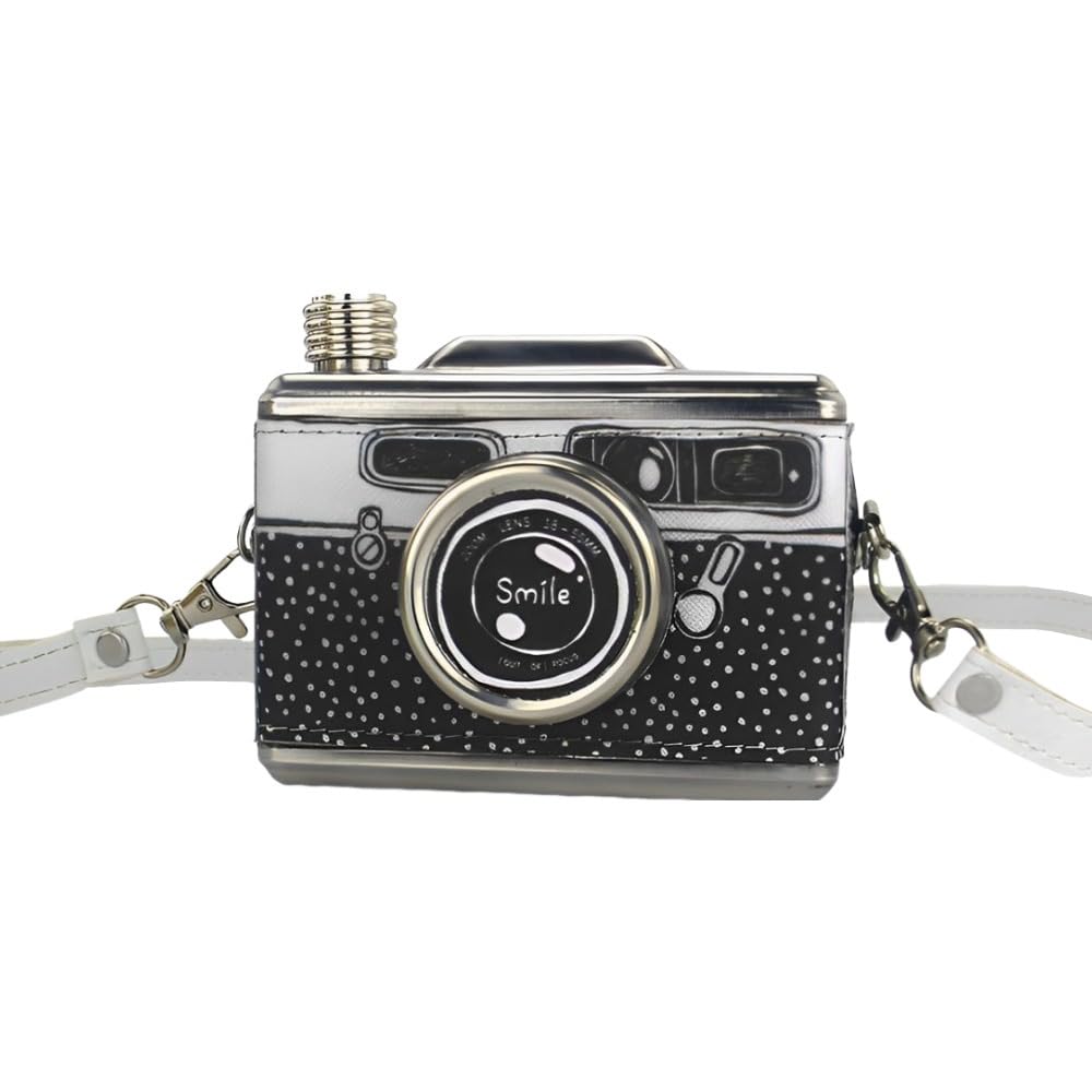 11OZ Creative Camera Hip Flask Stainless Steel Alcohol Flask with Removable Strap Portable Leak Proof Hidden Whiskey Hip Flask Men Women Personalized Quirky Fun Party Travel Outdoor Gift (Black)