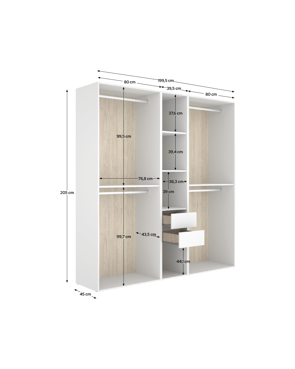 PEGANE Grand Dressing Ouvert avec Fond réversible – 4 penderies, 2 tiroirs – Blanc/Naturel - Hauteur 204,5 x Longueur 199,5 x Profondeur 45