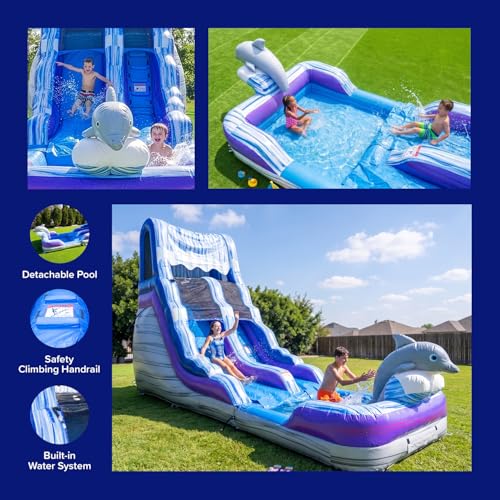 Image of HeroKiddo 16ft Tall Dolphin Inflatable Water Slide with Detachable Pool & Blower, 26ft Long Commercial Grade PVC, Heavy Duty Wet /Dry Slide for Kids & Adults, Front Load Entry for Easy Supervision