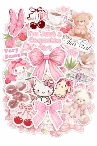 Image of 30 Coquette Aesthetic Pink Sticker Pack for Laptop Water Bottle Phone Skateboard - Cute Kawaii Bow Cherry Flower Teddy Girl Vinyl Stickers Waterproof Scratchproof No Residue Decals for Teens Women