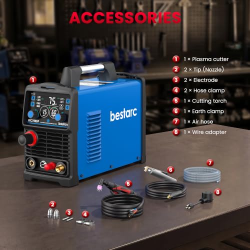 Image of Bestarc Pilot Arc Plasma Cutter, [Large LED Display][Air Sensor] 75A Plasma Cutter Machine 110 /220V Dual Voltage, 1 /2 Inch Clean Cut 1.2 Inch Max Cut, Post Flow Mesh, 2T /4T for Beginners DIY