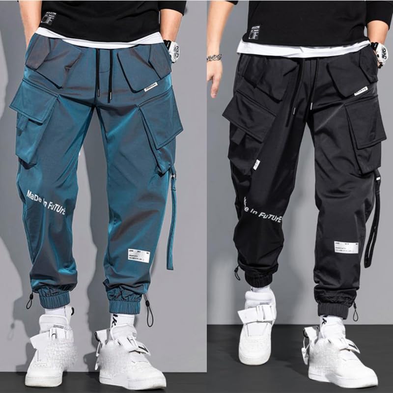 Aoleaky Casual Streetwear for Men Spring Cargo Pants Ribbon-Adorned Harem Jogging Pants and Multi-Pocket Trousers2