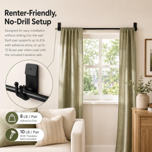 No Drill Curtain Rod Brackets, 8 Pack Self Adhesive Holders for 0.55-0.78in - image 2