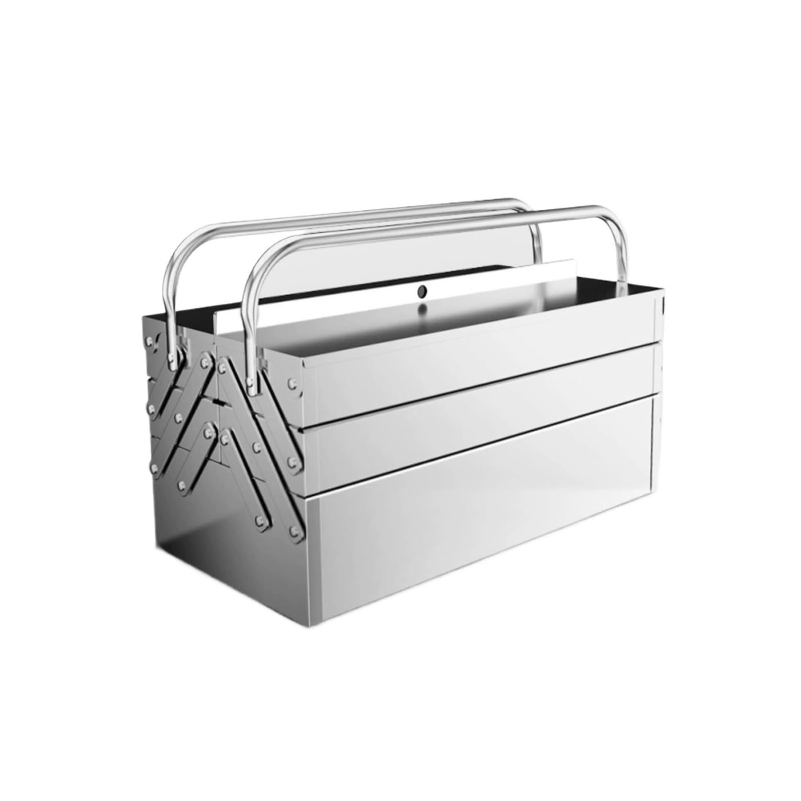 Portable Stainless Steel Tool Box with 3 Level Fold Out Organizer Storage - Heavy duty metal frame with smooth cantilever latchets- Hand Carry Storage and Toolbox