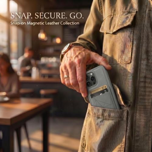Image of amazon basics Premium Vegan Leather Back Cover with Card Holder and Integrated Mobile Stand for iPhone 15 Pro Max - Slim Shockproof Wallet Case with Geometric Stitching [Gray]