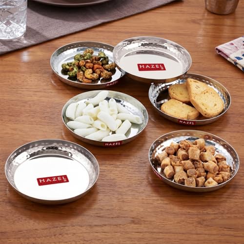 Image of HAZEL Stainless Steel Small Plate 15.5 cm, Pack of 6 | Hammered Finish Side Wall Round Steel Thali for Snack Plate for Daily Use Home, Office & Restaurant