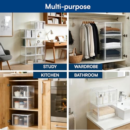 Image of House of Quirk Organizer, Storage Boxes With Magnetic Door, Large Clear Stackable Plastic Containers for Shoes (8Box, White)