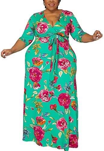 Robe longue à col en V manches 3/4 imprimé floral vert taille XXL