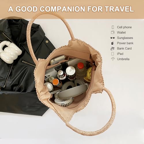 Image of Long Keeper Beach Bags for Women Summer Straw Bag with Zipper Woven Shoulder Handbag Beach Tote Bags for Travel Vacation