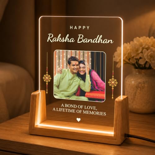 Image of Giftplease Personalized Raksha Bandhan LED Acrylic Photo Frame with Custom Picture and Message, Wooden USB Night Lamp, Brother Sister Festival, Rakhi, Rakshabandhan, Table Decor, Engraved Memory Keepsake