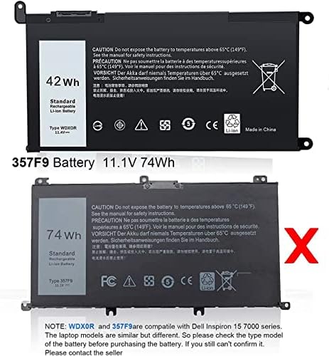 WDX0R Replacement Laptop Battery for Dell Inspiron 13 15 5000 7000 Series 5565 5570 7573 5379 5567 7378 5579 7560 7570 5568 7579 7375 5578 5378 Latitude 3340 3490 3590 3500 3390 Battery 11.4V 42Wh