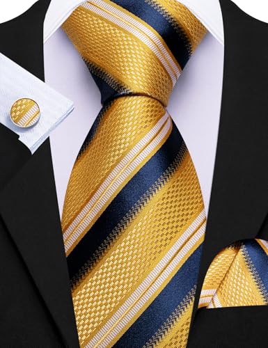 Image of Barry.Wang Classic Mens Ties Silk Necktie Pocket Square Cufflinks Set Woven Designer Wedding Business