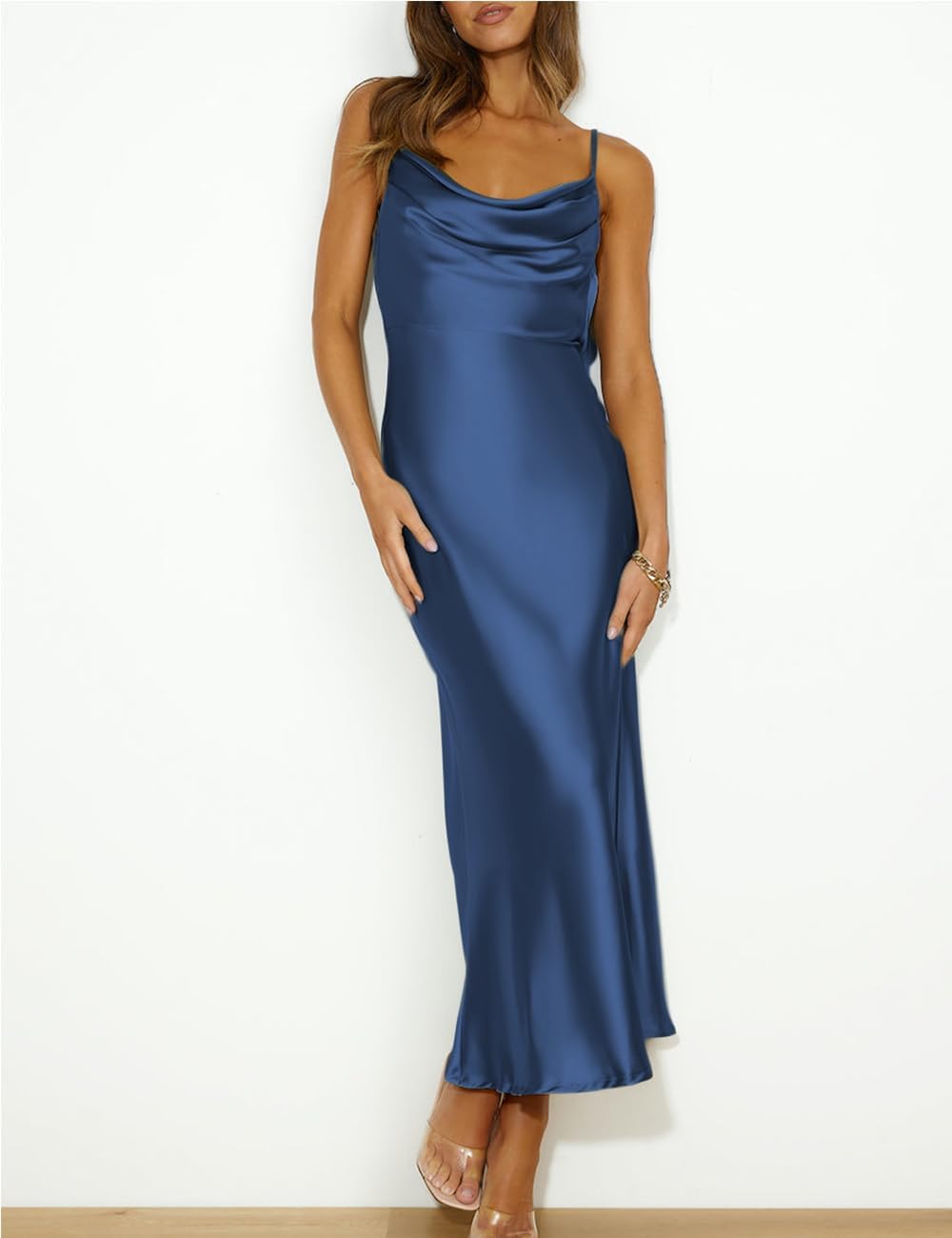 Summer Satin Spaghetti Strap Cowl Neck Backless Midi Dresses for Women Elegant Tie Low Back Ruched Cocktail Dress - Image 4