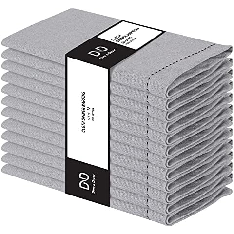 Dine n Decor Set of 12 Hemstitch Cloth Dinner Napkins 100% Cotton - Soft Durable Washable - Ideal for Events Wedding Christmas Easter - Perfect Everyday Use Table Linen Cloth Napkins 18x18 - Grey Cover