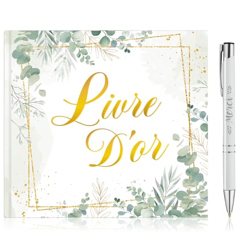 HOWAF Livre d'or Mariage, 20 x 20.5 cm, 64 Pages, Couverture Rigide Motif de Feuille Livre d'or Anniversaire, Retraite, Baptême, Comprend Un Stylo