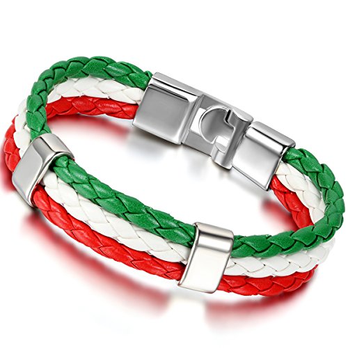 Flongo Men's Biker Red White Green Italy Italian Banner Flag Braided Football Leather Cuff Bracelet Bangle, 8.3 Inches #TOP6