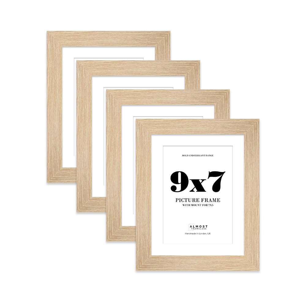 9x7 Oak Frame With Mount for 7x5 Pictures 28mm Edge Portrait and Landscape Display with Wall Hooks and Kickstand, 4 Pack