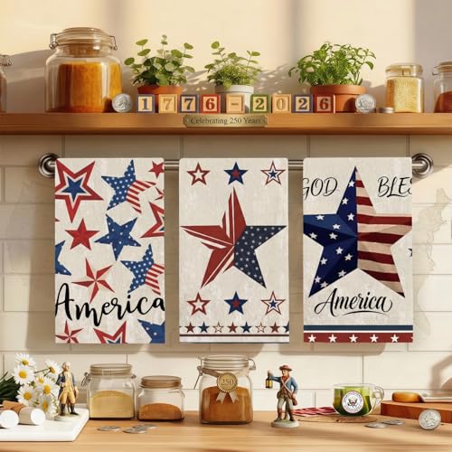 DTDO 4th of July Kitchen Towels Dish Towels Set of 3-18 x 26 Inch Fade-Resistant Absorbent Star Memorial Day Hand Towels Gift for Cooking Bathroom Spring Summer Patriotic Home Decoration