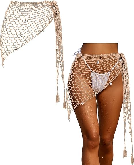Women Crochet Bikini Cover up Skirt Fashion Sexy Swimwear Swimsuit Cover Up Triangle Shawl Fishnet Skirt Hollow Out Swimwear Shell Pool Beach Fishnet Skirts Wrap Capelet