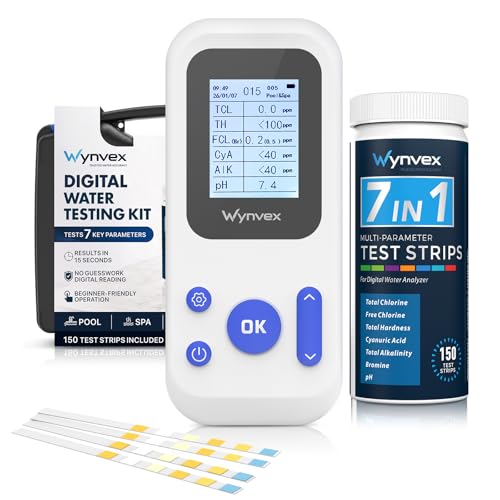 Digital Pool Water Test Kit with Digital Reader Wynvex 7-in-1 Water Testing for Chlorine Bromine pH Alkalinity & More Includes 150 Test Strips for Pools Hot Tubs & Spas