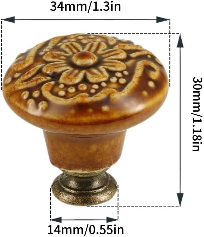 Brown Ceramic Knobs Flower Drawer Pulls Vintage Cabinet Knobs - Antique Dresser Pulls with Screws for Closet Drawer Cupboard Cabinet and DIY Home Project 6 Pack