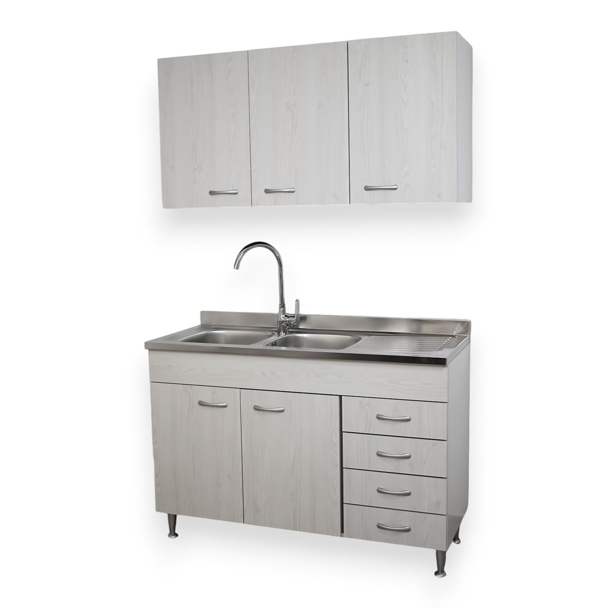 Yellowshop - Mobile cucina sottolavello a 2 ante e cassettiera cm 120 effetto legno Frassino Moire componibile con lavello inox e scolapiatti Basic (Sottolavello completo piano Dx)